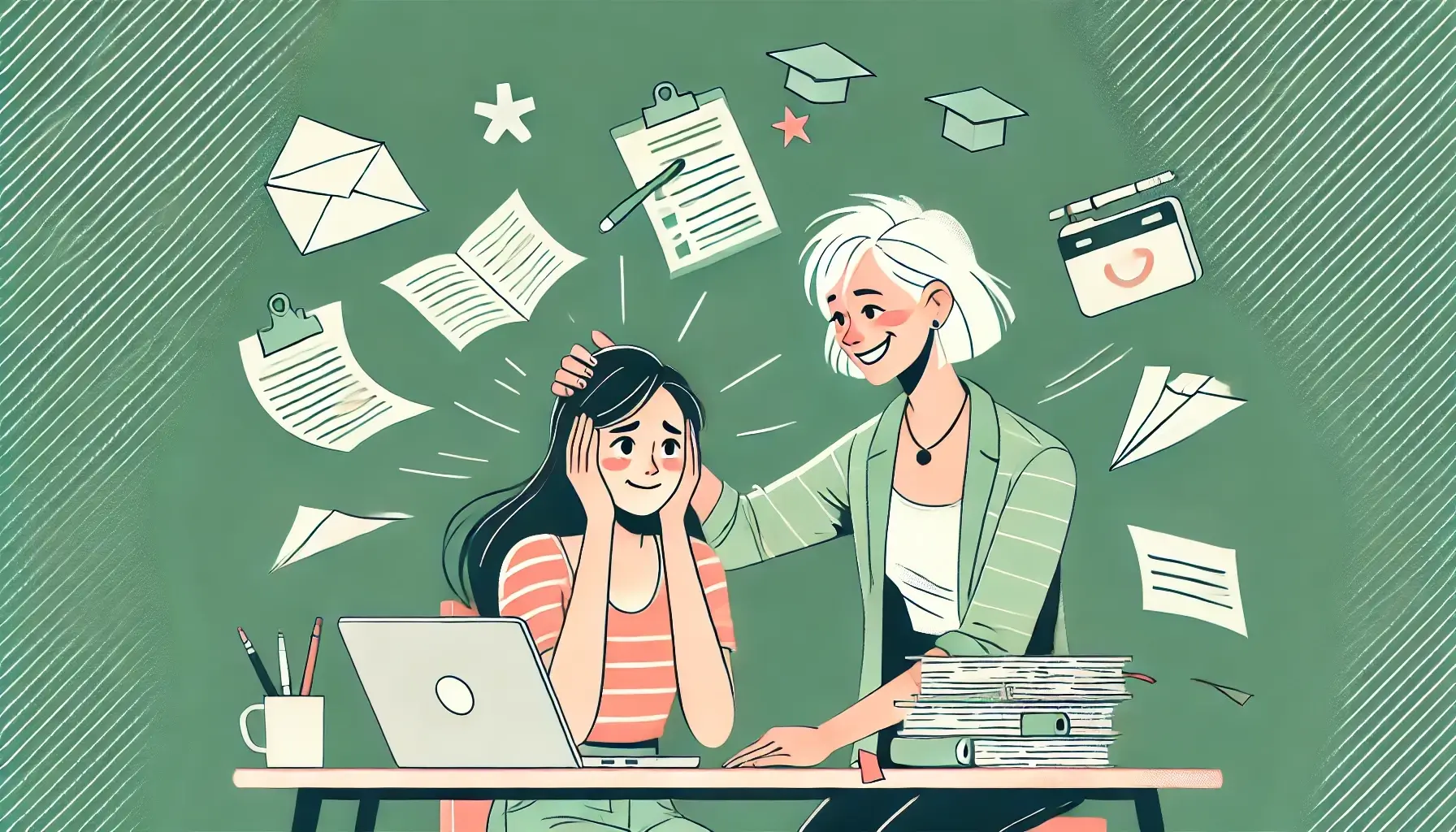 An illustration of an alumna helping an overwhelmed college student.